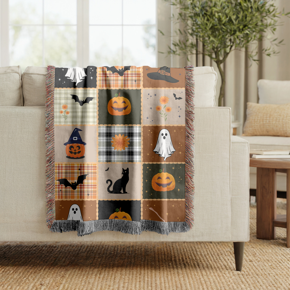 Halloween Quilt Style Woven Blanket, Haunted House Ghost Witch Throw, Black Cat Pumpkin Fall Decor, Trick or Treat Cozy Gift Home