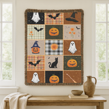 Halloween Quilt Style Woven Blanket, Haunted House Ghost Witch Throw, Black Cat Pumpkin Fall Decor, Trick or Treat Cozy Gift Home