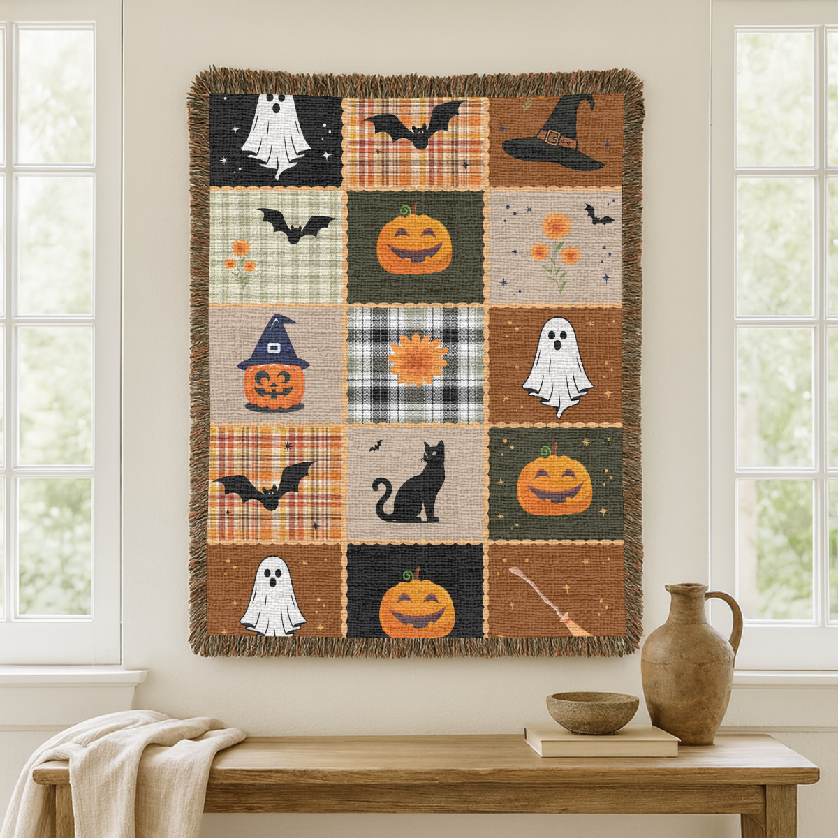 Halloween Quilt Style Woven Blanket, Haunted House Ghost Witch Throw, Black Cat Pumpkin Fall Decor, Trick or Treat Cozy Gift Home