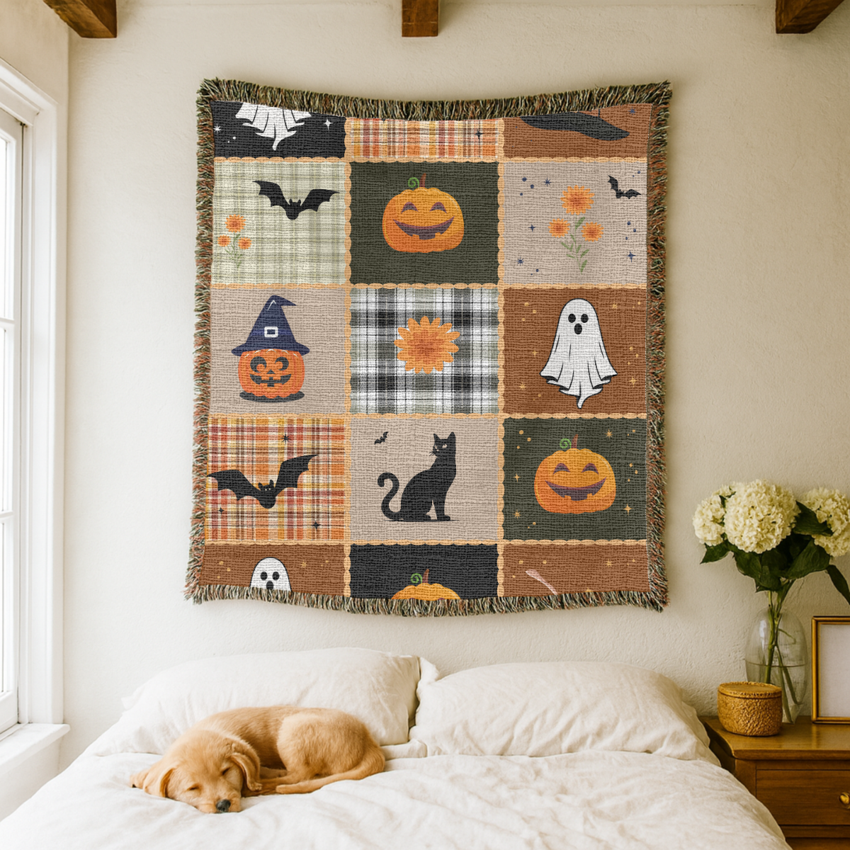 Halloween Quilt Style Woven Blanket, Haunted House Ghost Witch Throw, Black Cat Pumpkin Fall Decor, Trick or Treat Cozy Gift Home