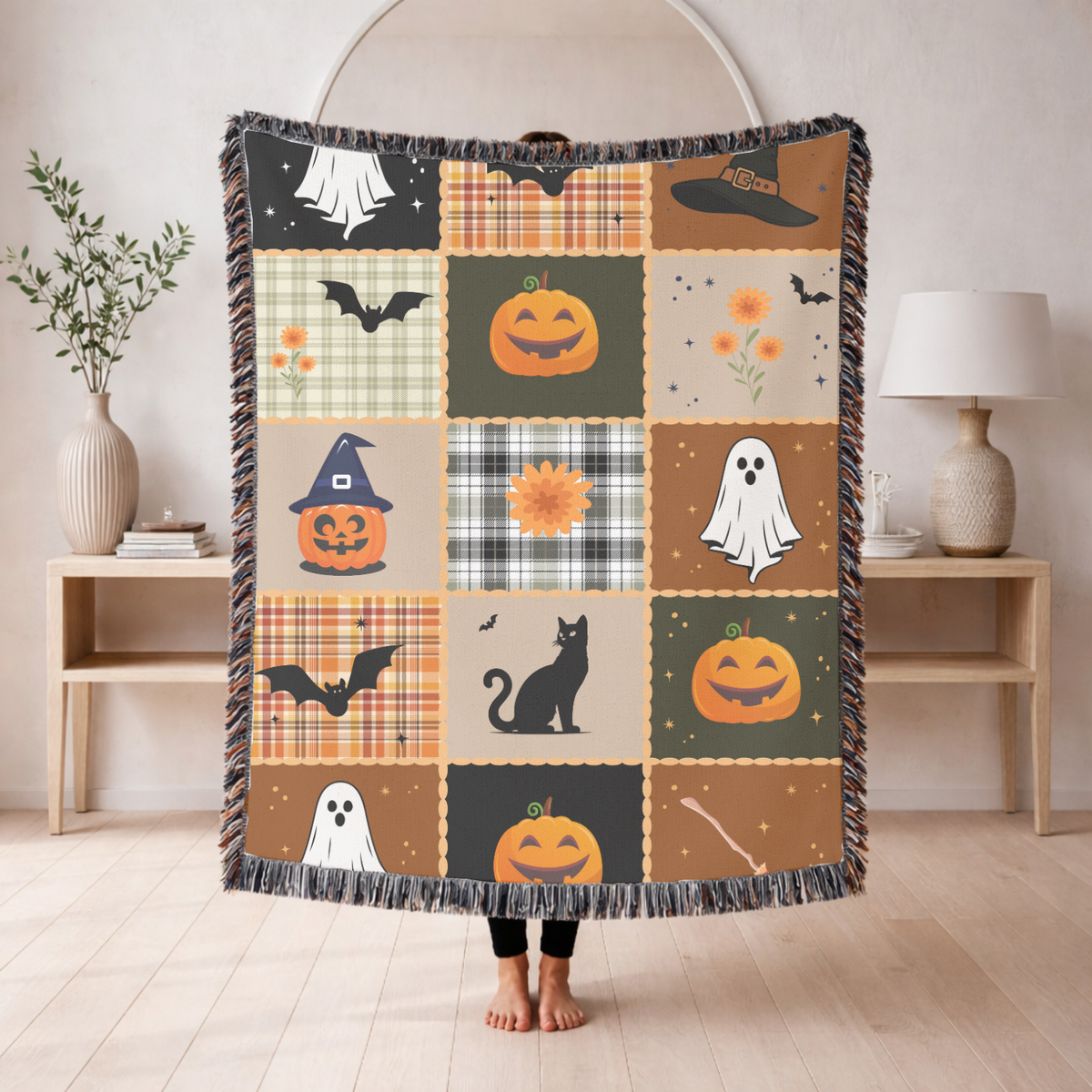 Halloween Quilt Style Woven Blanket, Haunted House Ghost Witch Throw, Black Cat Pumpkin Fall Decor, Trick or Treat Cozy Gift Home
