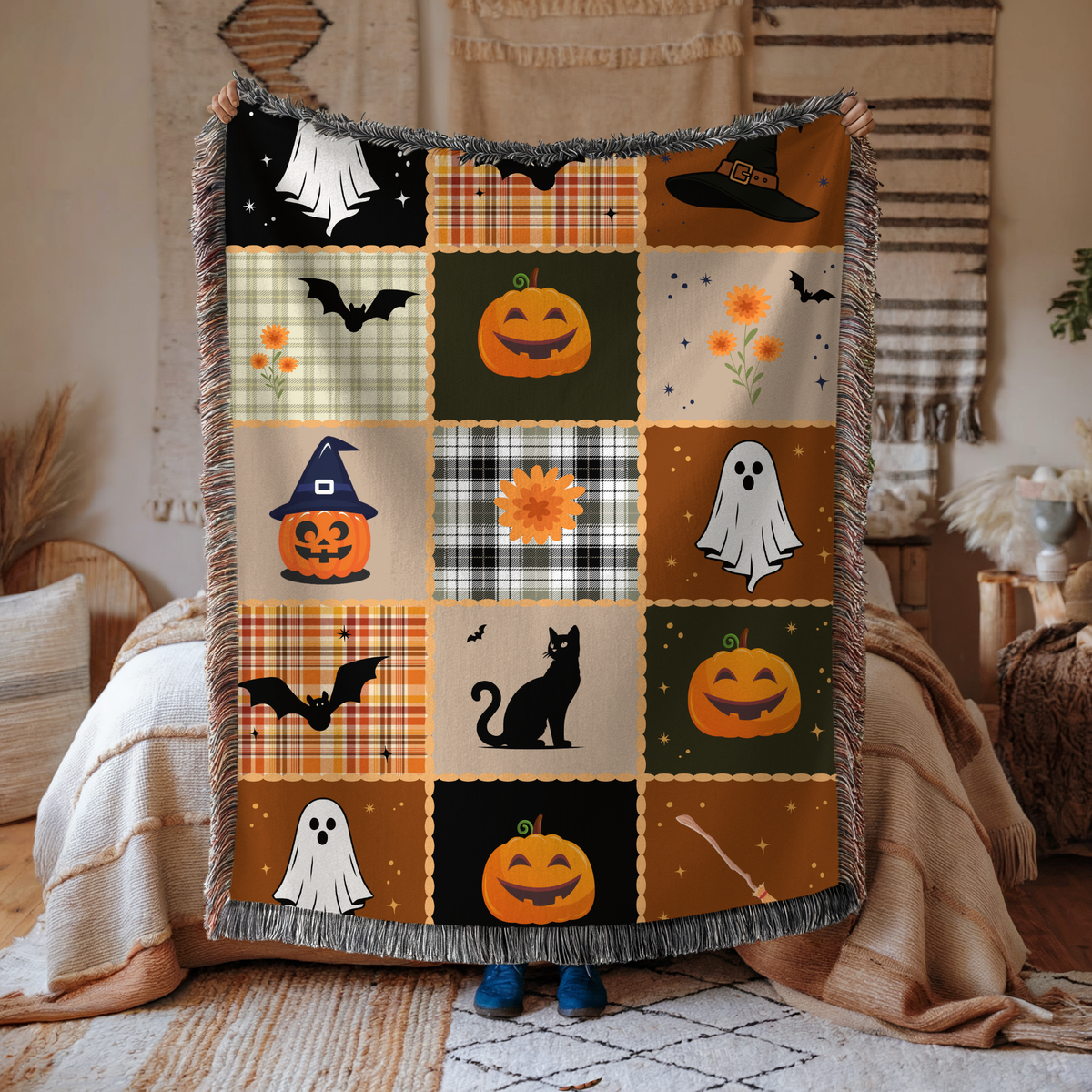 Halloween Quilt Style Woven Blanket, Haunted House Ghost Witch Throw, Black Cat Pumpkin Fall Decor, Trick or Treat Cozy Gift Home