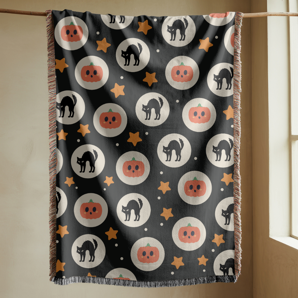 Halloween Cat Woven Blanket, Black Cat Pumpkin Throw Blanket, Cute Spooky Fall Decor, Cozy Autumn Gift, Witchy Home