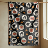 Halloween Cat Woven Blanket, Black Cat Pumpkin Throw Blanket, Cute Spooky Fall Decor, Cozy Autumn Gift, Witchy Home