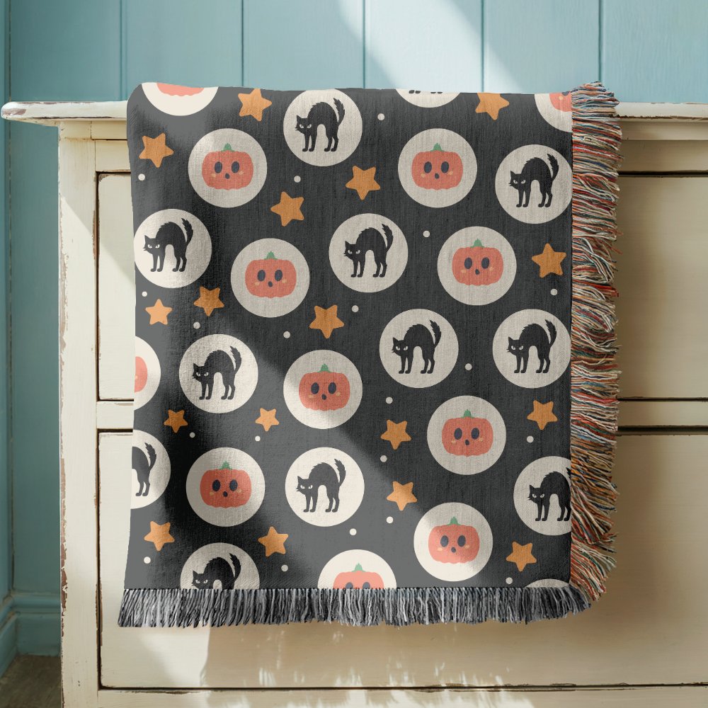 Halloween Cat Woven Blanket, Black Cat Pumpkin Throw Blanket, Cute Spooky Fall Decor, Cozy Autumn Gift, Witchy Home