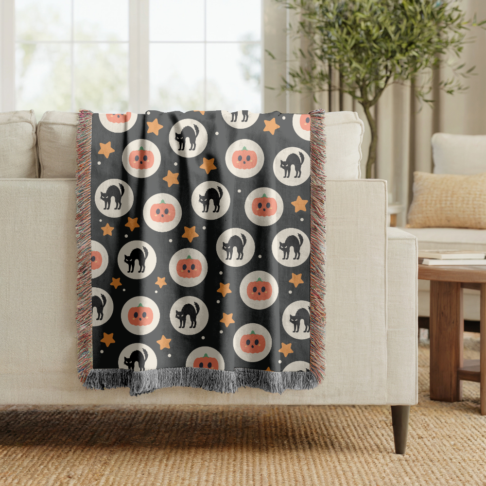 Halloween Cat Woven Blanket, Black Cat Pumpkin Throw Blanket, Cute Spooky Fall Decor, Cozy Autumn Gift, Witchy Home