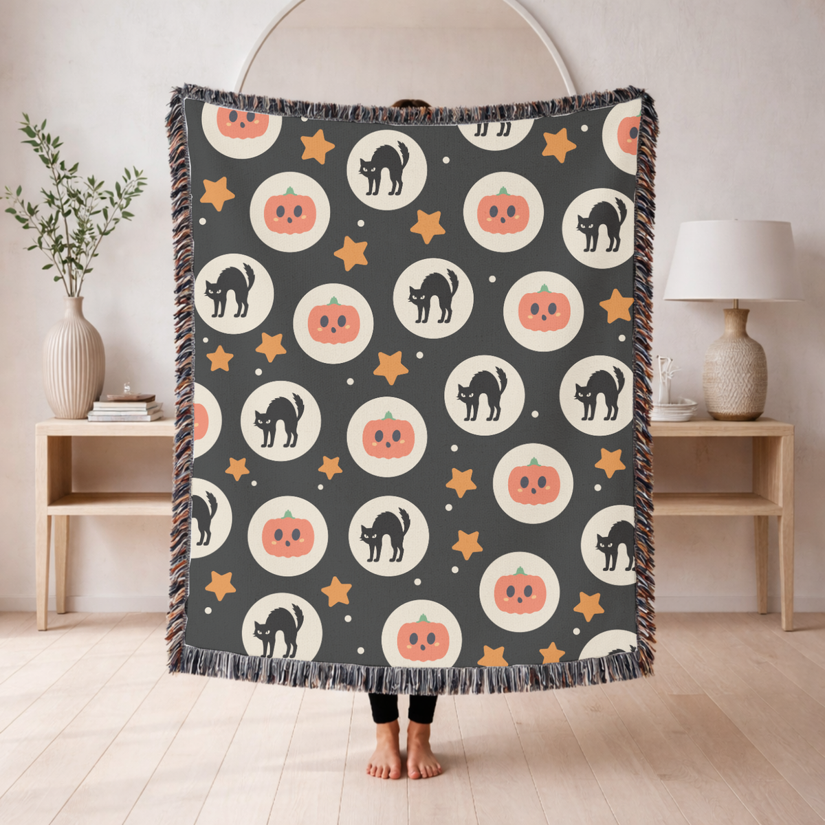 Halloween Cat Woven Blanket, Black Cat Pumpkin Throw Blanket, Cute Spooky Fall Decor, Cozy Autumn Gift, Witchy Home