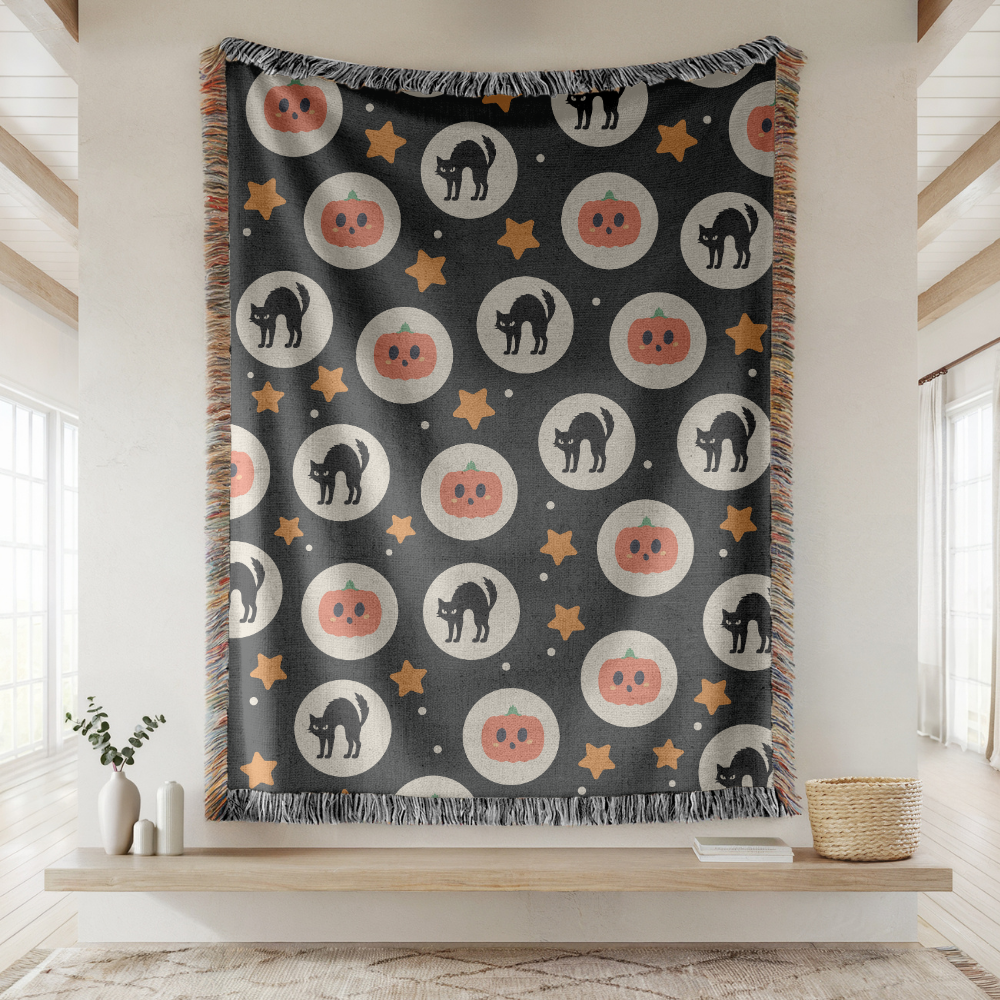 Halloween Cat Woven Blanket, Black Cat Pumpkin Throw Blanket, Cute Spooky Fall Decor, Cozy Autumn Gift, Witchy Home