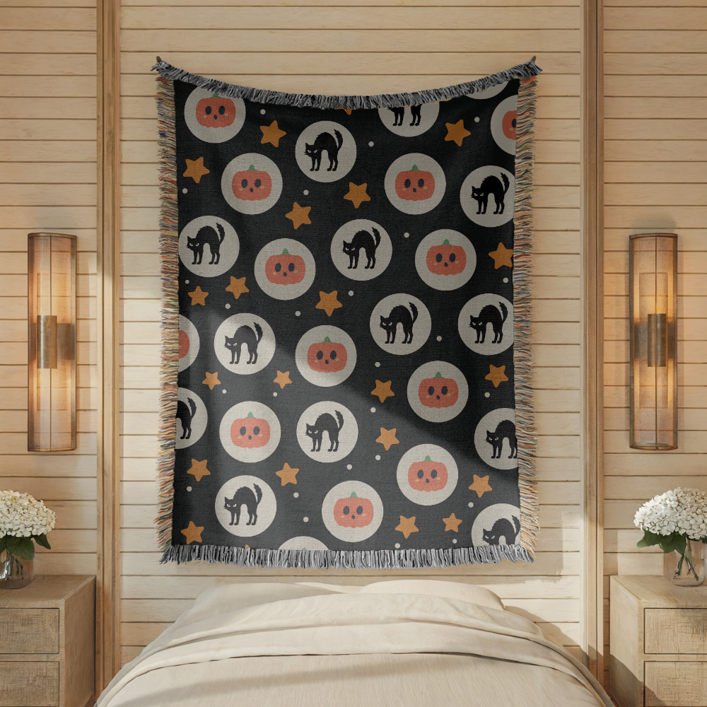 Halloween Cat Woven Blanket, Black Cat Pumpkin Throw Blanket, Cute Spooky Fall Decor, Cozy Autumn Gift, Witchy Home