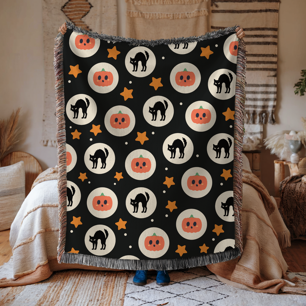 Halloween Cat Woven Blanket, Black Cat Pumpkin Throw Blanket, Cute Spooky Fall Decor, Cozy Autumn Gift, Witchy Home