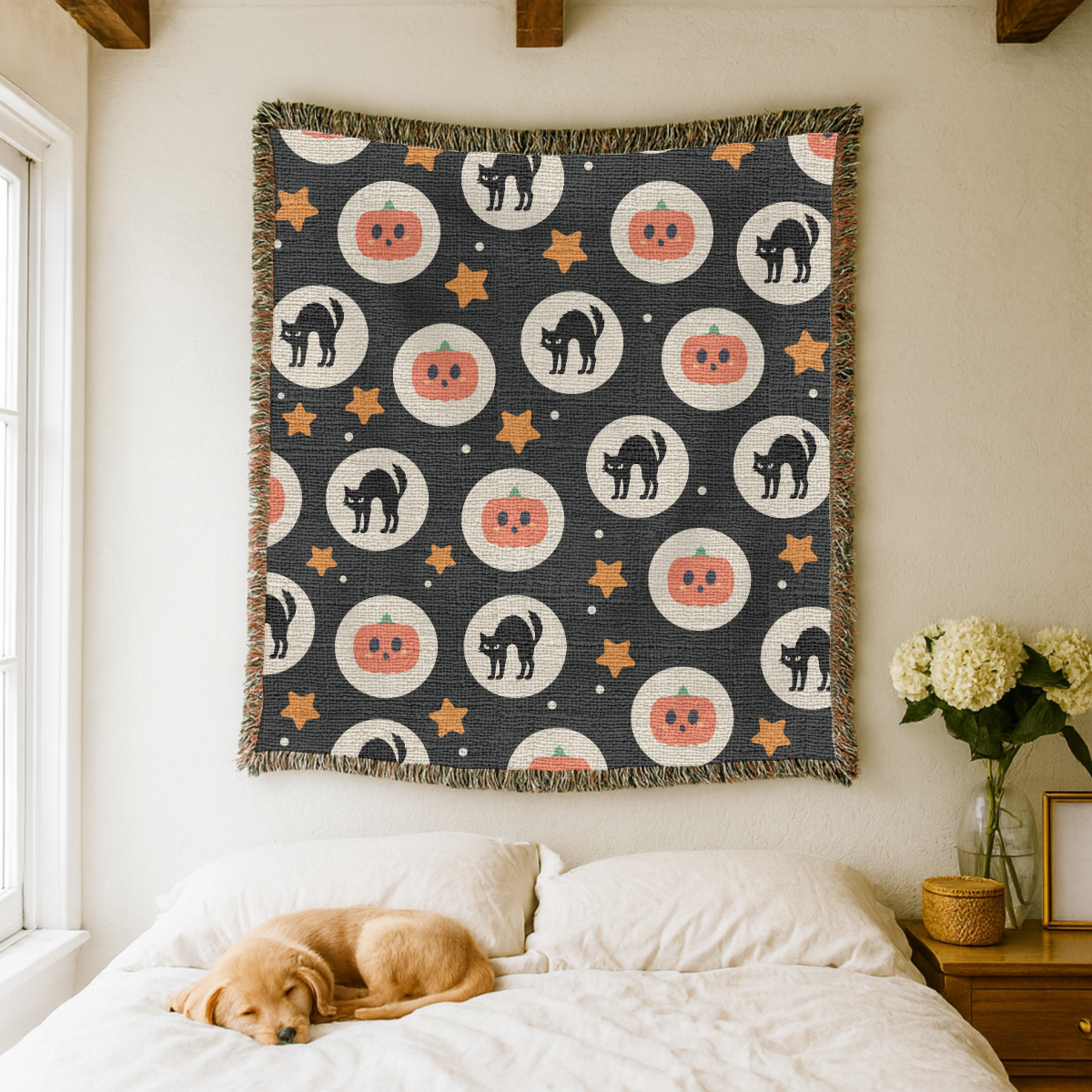 Halloween Cat Woven Blanket, Black Cat Pumpkin Throw Blanket, Cute Spooky Fall Decor, Cozy Autumn Gift, Witchy Home