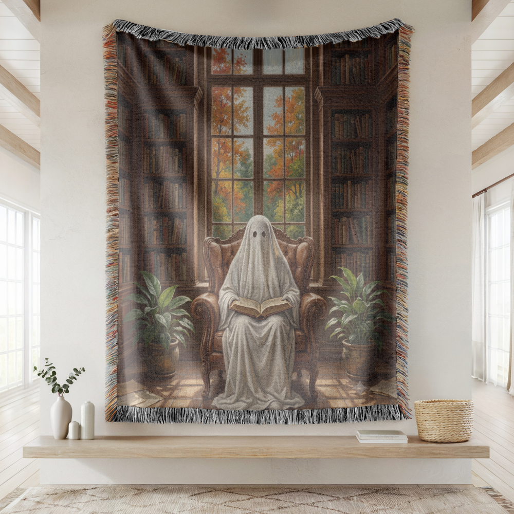 Ghost Reading Woven Blanket, Spooky Library Throw Blanket, Gothic Book Lover Gift, Cozy Halloween Home Decor, Fall Cozy