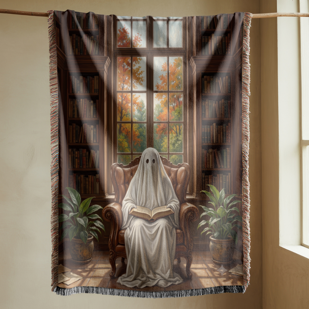 Ghost Reading Woven Blanket, Spooky Library Throw Blanket, Gothic Book Lover Gift, Cozy Halloween Home Decor, Fall Cozy