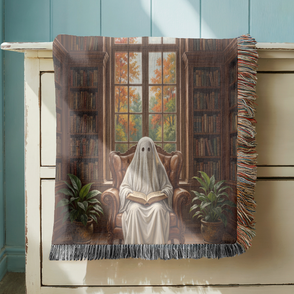 Ghost Reading Woven Blanket, Spooky Library Throw Blanket, Gothic Book Lover Gift, Cozy Halloween Home Decor, Fall Cozy