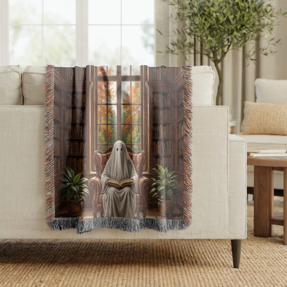 Ghost Reading Woven Blanket, Spooky Library Throw Blanket, Gothic Book Lover Gift, Cozy Halloween Home Decor, Fall Cozy