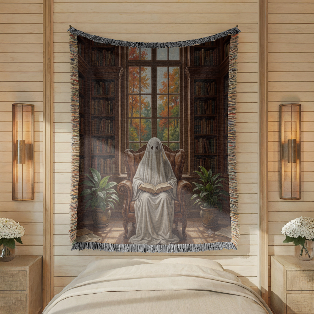 Ghost Reading Woven Blanket, Spooky Library Throw Blanket, Gothic Book Lover Gift, Cozy Halloween Home Decor, Fall Cozy