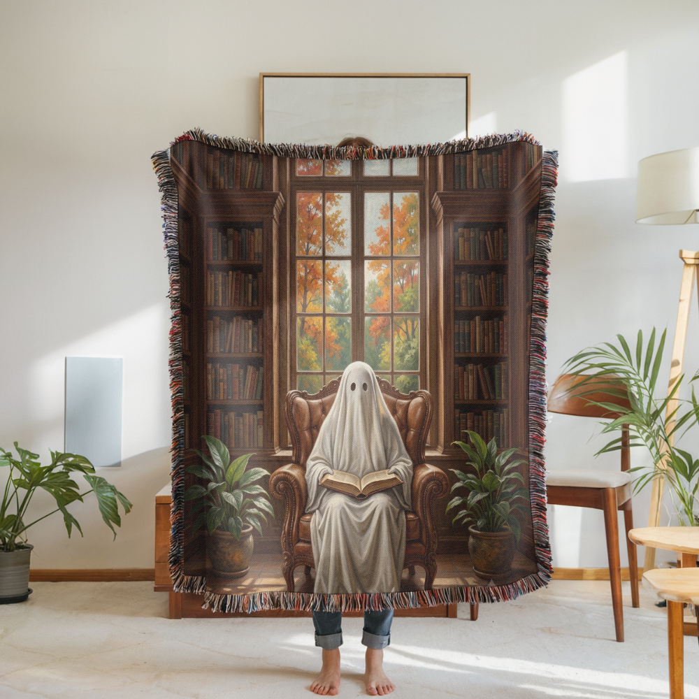 Ghost Reading Woven Blanket, Spooky Library Throw Blanket, Gothic Book Lover Gift, Cozy Halloween Home Decor, Fall Cozy