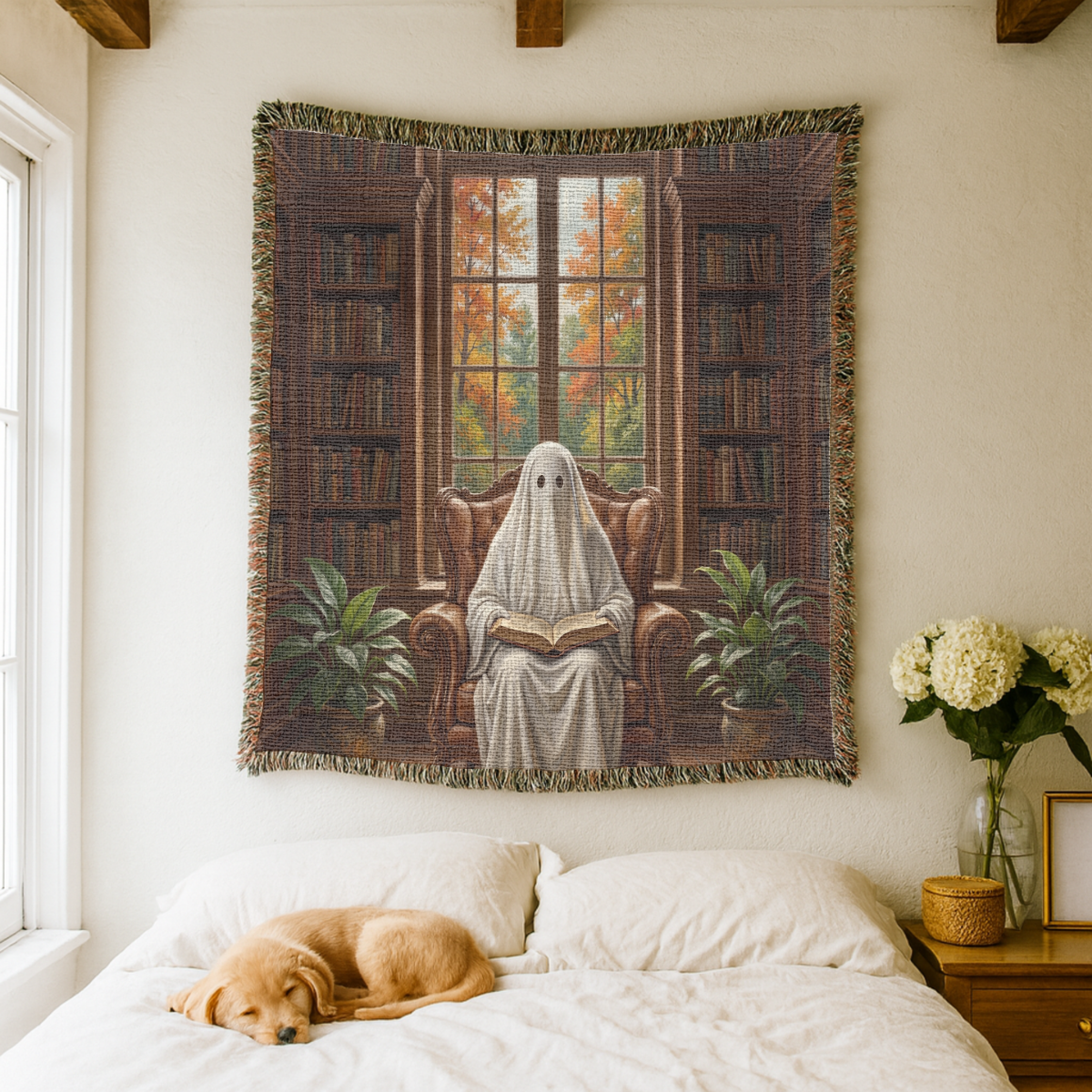 Ghost Reading Woven Blanket, Spooky Library Throw Blanket, Gothic Book Lover Gift, Cozy Halloween Home Decor, Fall Cozy