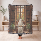 Ghost Reading Woven Blanket, Spooky Library Throw Blanket, Gothic Book Lover Gift, Cozy Halloween Home Decor, Fall Cozy