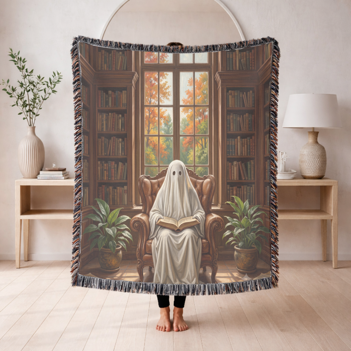 Ghost Reading Woven Blanket, Spooky Library Throw Blanket, Gothic Book Lover Gift, Cozy Halloween Home Decor, Fall Cozy