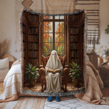 Ghost Reading Woven Blanket, Spooky Library Throw Blanket, Gothic Book Lover Gift, Cozy Halloween Home Decor, Fall Cozy
