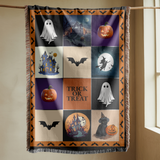 Halloween Patchwork Woven Blanket, Ghost Pumpkin Haunted House Throw, Spooky Fall Decor, Cute Gothic Halloween Gift, Cozy Autumn