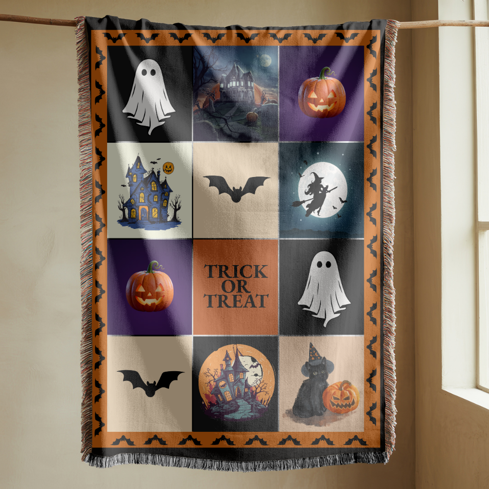 Halloween Patchwork Woven Blanket, Ghost Pumpkin Haunted House Throw, Spooky Fall Decor, Cute Gothic Halloween Gift, Cozy Autumn