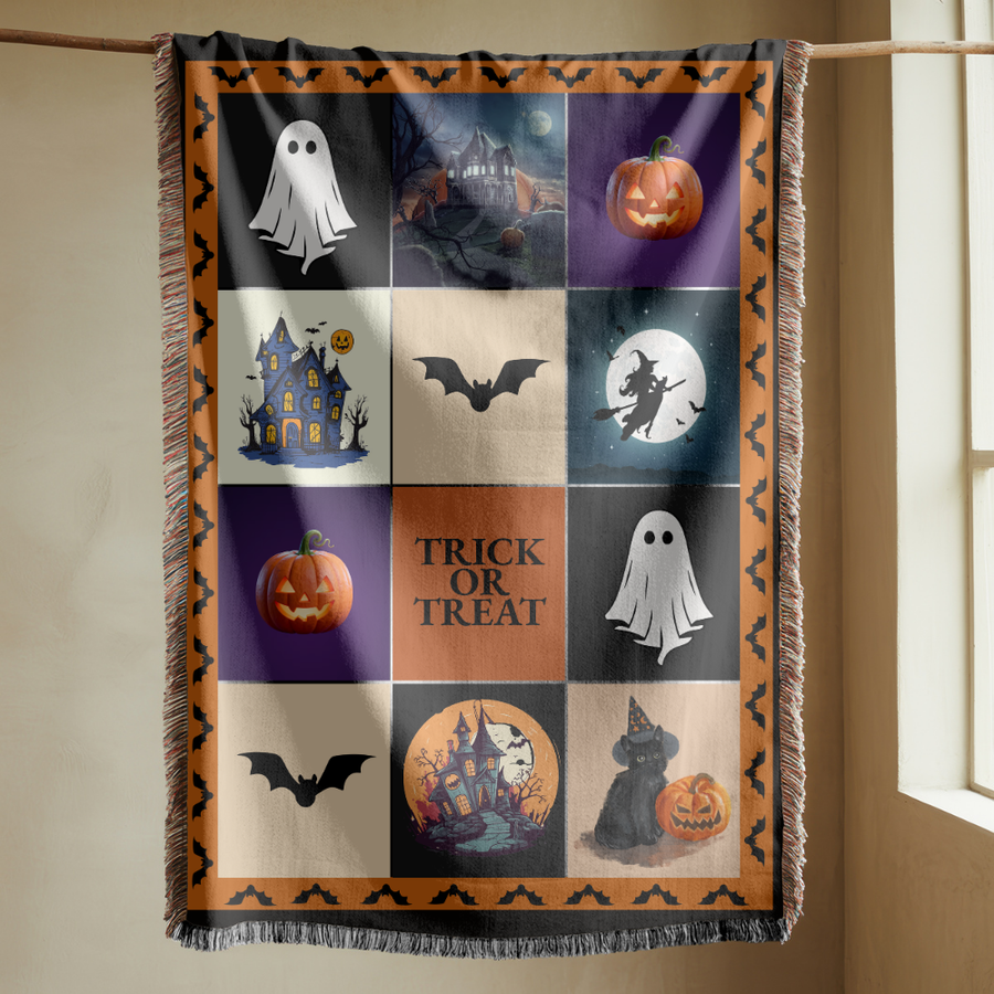 Halloween Patchwork Woven Blanket, Ghost Pumpkin Haunted House Throw, Spooky Fall Decor, Cute Gothic Halloween Gift, Cozy Autumn
