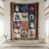 Halloween Patchwork Woven Blanket, Ghost Pumpkin Haunted House Throw, Spooky Fall Decor, Cute Gothic Halloween Gift, Cozy Autumn