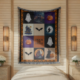 Halloween Patchwork Woven Blanket, Ghost Pumpkin Haunted House Throw, Spooky Fall Decor, Cute Gothic Halloween Gift, Cozy Autumn