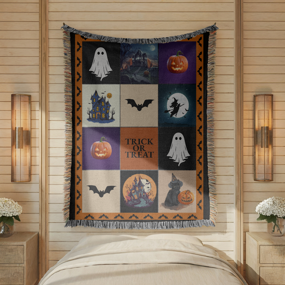 Halloween Patchwork Woven Blanket, Ghost Pumpkin Haunted House Throw, Spooky Fall Decor, Cute Gothic Halloween Gift, Cozy Autumn