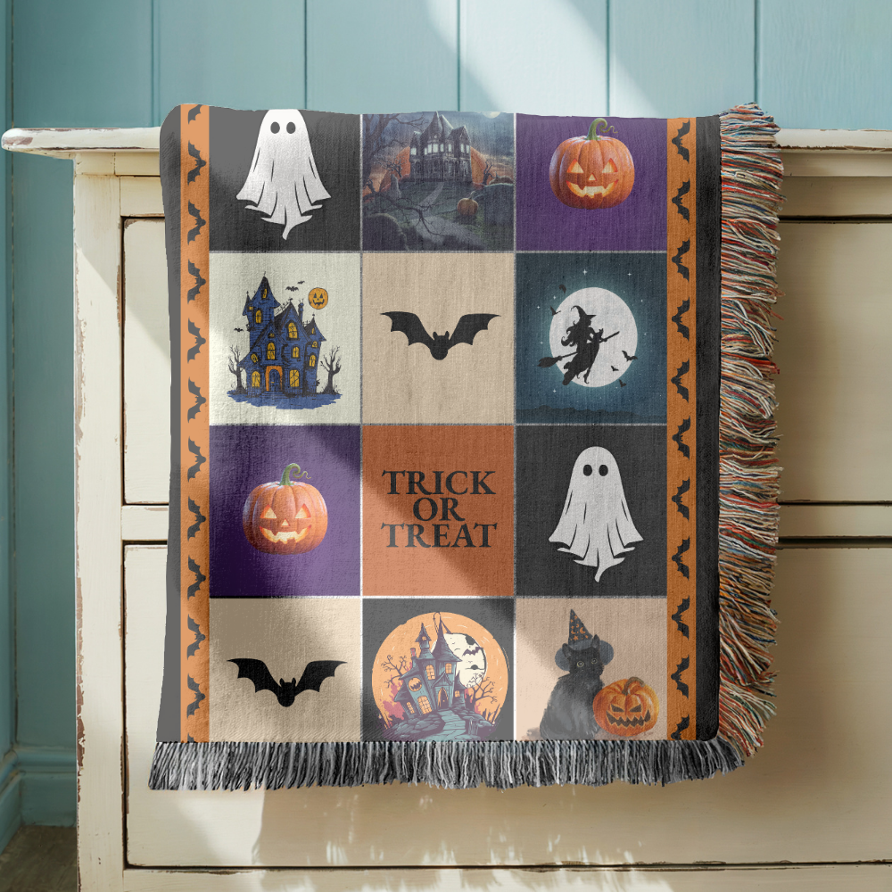 Halloween Patchwork Woven Blanket, Ghost Pumpkin Haunted House Throw, Spooky Fall Decor, Cute Gothic Halloween Gift, Cozy Autumn