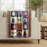 Halloween Patchwork Woven Blanket, Ghost Pumpkin Haunted House Throw, Spooky Fall Decor, Cute Gothic Halloween Gift, Cozy Autumn