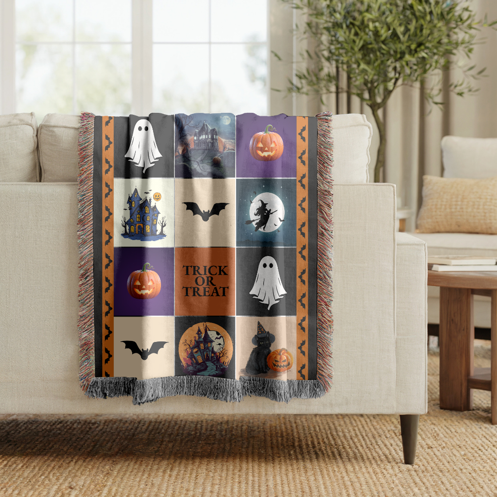 Halloween Patchwork Woven Blanket, Ghost Pumpkin Haunted House Throw, Spooky Fall Decor, Cute Gothic Halloween Gift, Cozy Autumn