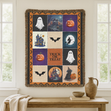 Halloween Patchwork Woven Blanket, Ghost Pumpkin Haunted House Throw, Spooky Fall Decor, Cute Gothic Halloween Gift, Cozy Autumn