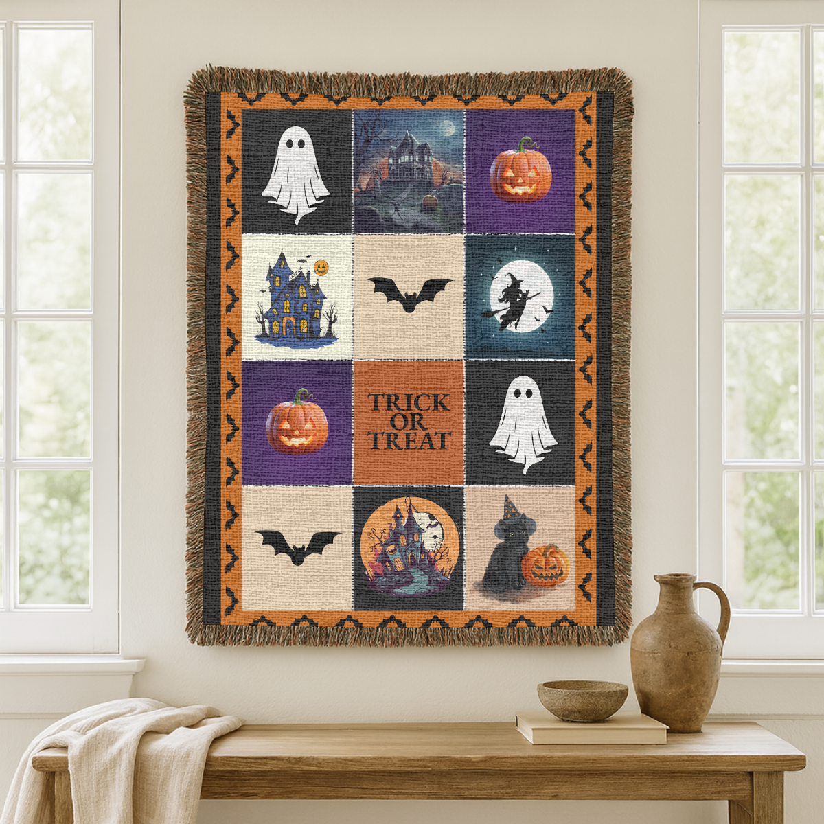 Halloween Patchwork Woven Blanket, Ghost Pumpkin Haunted House Throw, Spooky Fall Decor, Cute Gothic Halloween Gift, Cozy Autumn