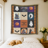 Halloween Patchwork Woven Blanket, Ghost Pumpkin Haunted House Throw, Spooky Fall Decor, Cute Gothic Halloween Gift, Cozy Autumn