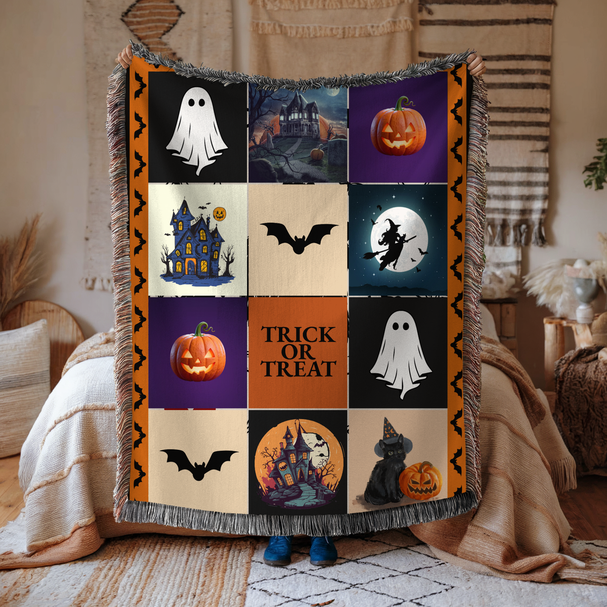 Halloween Patchwork Woven Blanket, Ghost Pumpkin Haunted House Throw, Spooky Fall Decor, Cute Gothic Halloween Gift, Cozy Autumn
