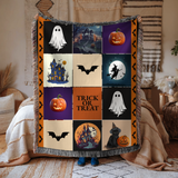 Halloween Patchwork Woven Blanket, Ghost Pumpkin Haunted House Throw, Spooky Fall Decor, Cute Gothic Halloween Gift, Cozy Autumn