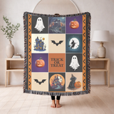 Halloween Patchwork Woven Blanket, Ghost Pumpkin Haunted House Throw, Spooky Fall Decor, Cute Gothic Halloween Gift, Cozy Autumn