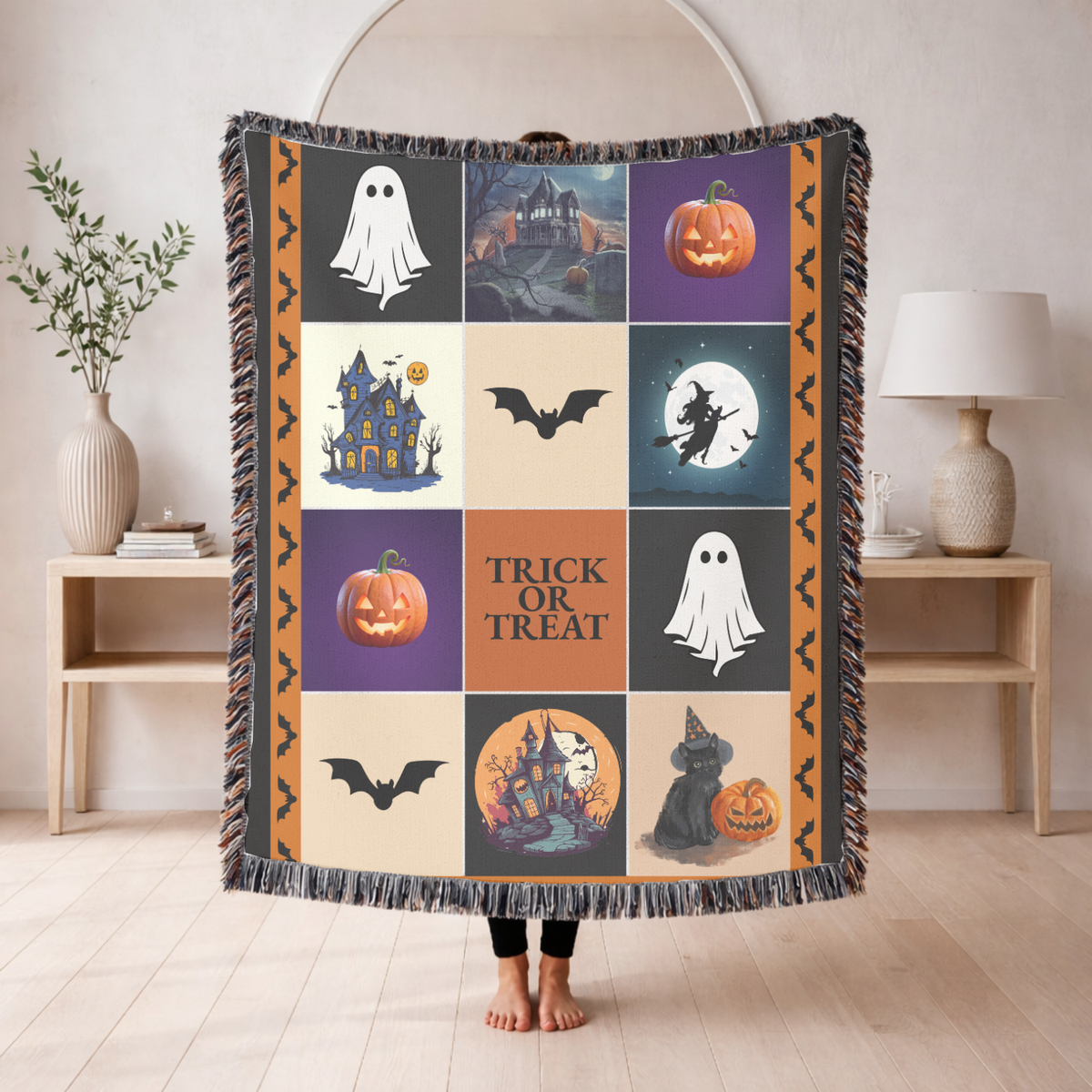 Halloween Patchwork Woven Blanket, Ghost Pumpkin Haunted House Throw, Spooky Fall Decor, Cute Gothic Halloween Gift, Cozy Autumn