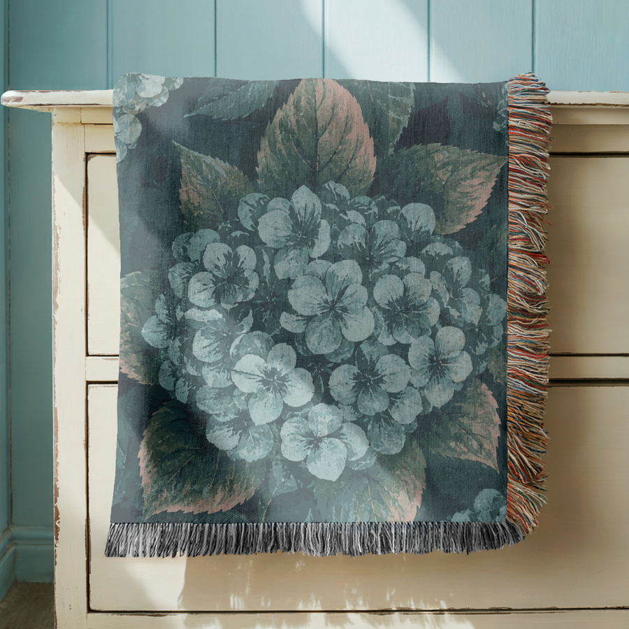 Vintage Hydrangea Woven Blanket, Botanical Floral Throw Blanket, Moody Cottagecore Home Decor, Garden Lover Gift, Cozy Throw