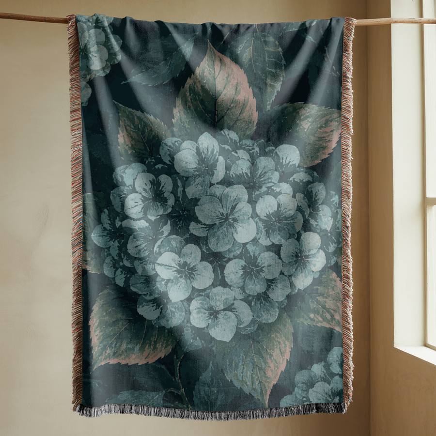 Vintage Hydrangea Woven Blanket, Botanical Floral Throw Blanket, Moody Cottagecore Home Decor, Garden Lover Gift, Cozy Throw