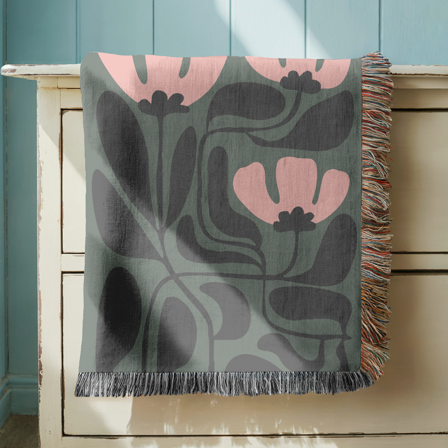 Abstract Floral Woven Blanket, Modern Botanical Throw Blanket, Mid Century Modern Home Decor, Boho Living Room Gift, Cozy Throw
