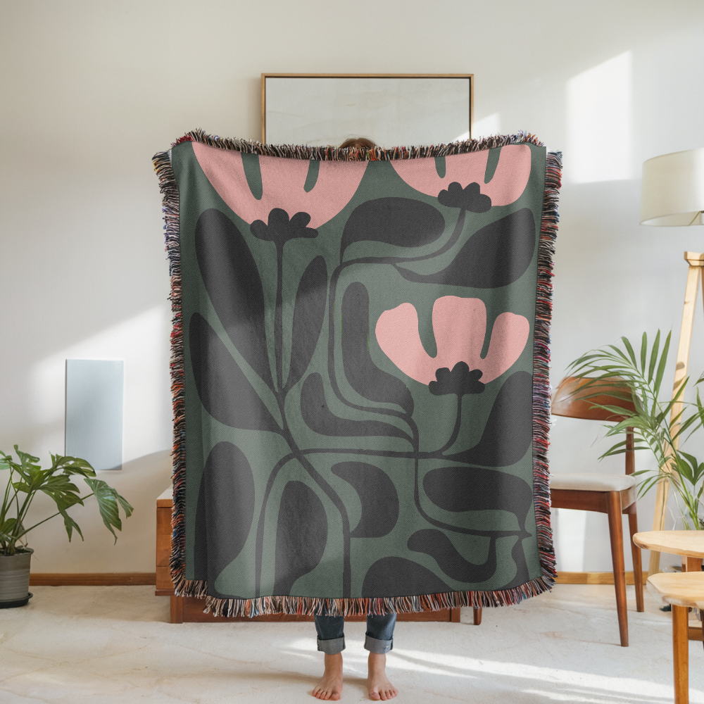 Abstract Floral Woven Blanket, Modern Botanical Throw Blanket, Mid Century Modern Home Decor, Boho Living Room Gift, Cozy Throw