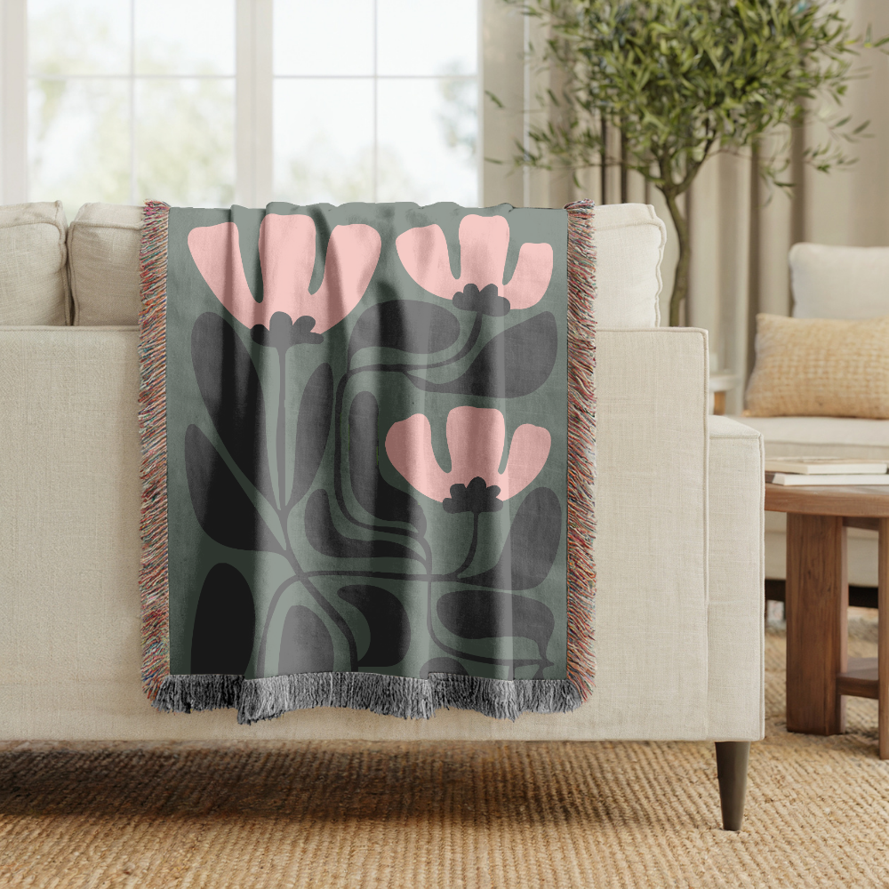 Abstract Floral Woven Blanket, Modern Botanical Throw Blanket, Mid Century Modern Home Decor, Boho Living Room Gift, Cozy Throw