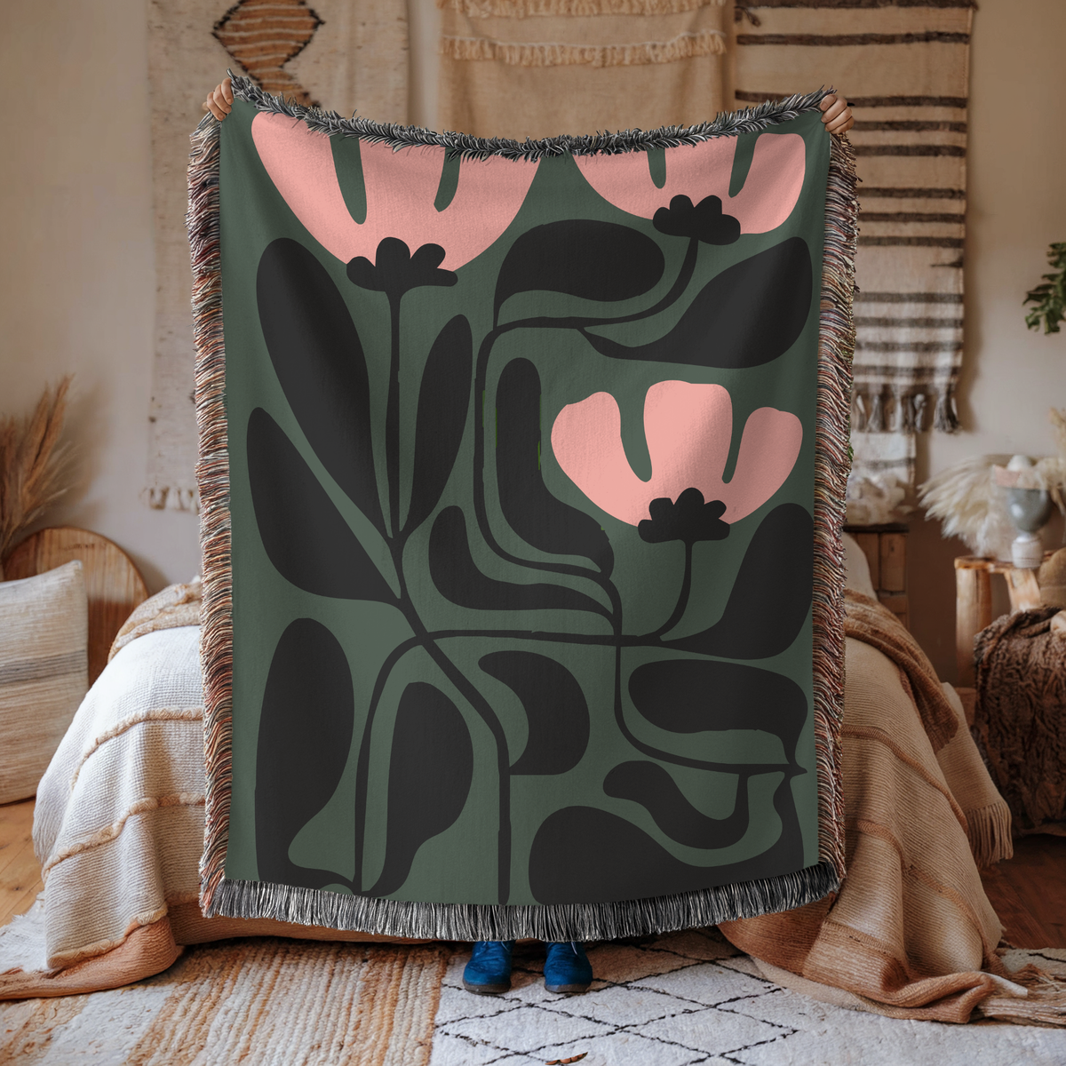 Abstract Floral Woven Blanket, Modern Botanical Throw Blanket, Mid Century Modern Home Decor, Boho Living Room Gift, Cozy Throw
