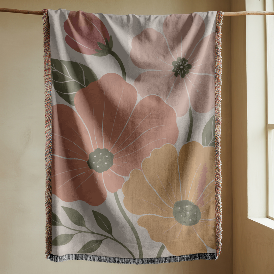 Modern Floral Woven Blanket, Oversized Botanical Throw Blanket, Neutral Flower Home Decor, Cozy Boho Gift, Cottagecore Accent