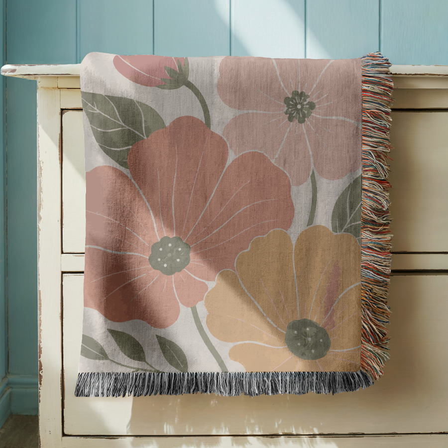 Modern Floral Woven Blanket, Oversized Botanical Throw Blanket, Neutral Flower Home Decor, Cozy Boho Gift, Cottagecore Accent