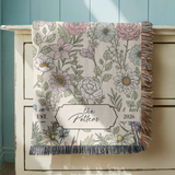 Personalized Family Name Woven Blanket, Custom Floral Throw Blanket, Botanical Housewarming Gift, Wedding Keepsake, Est Date Gift